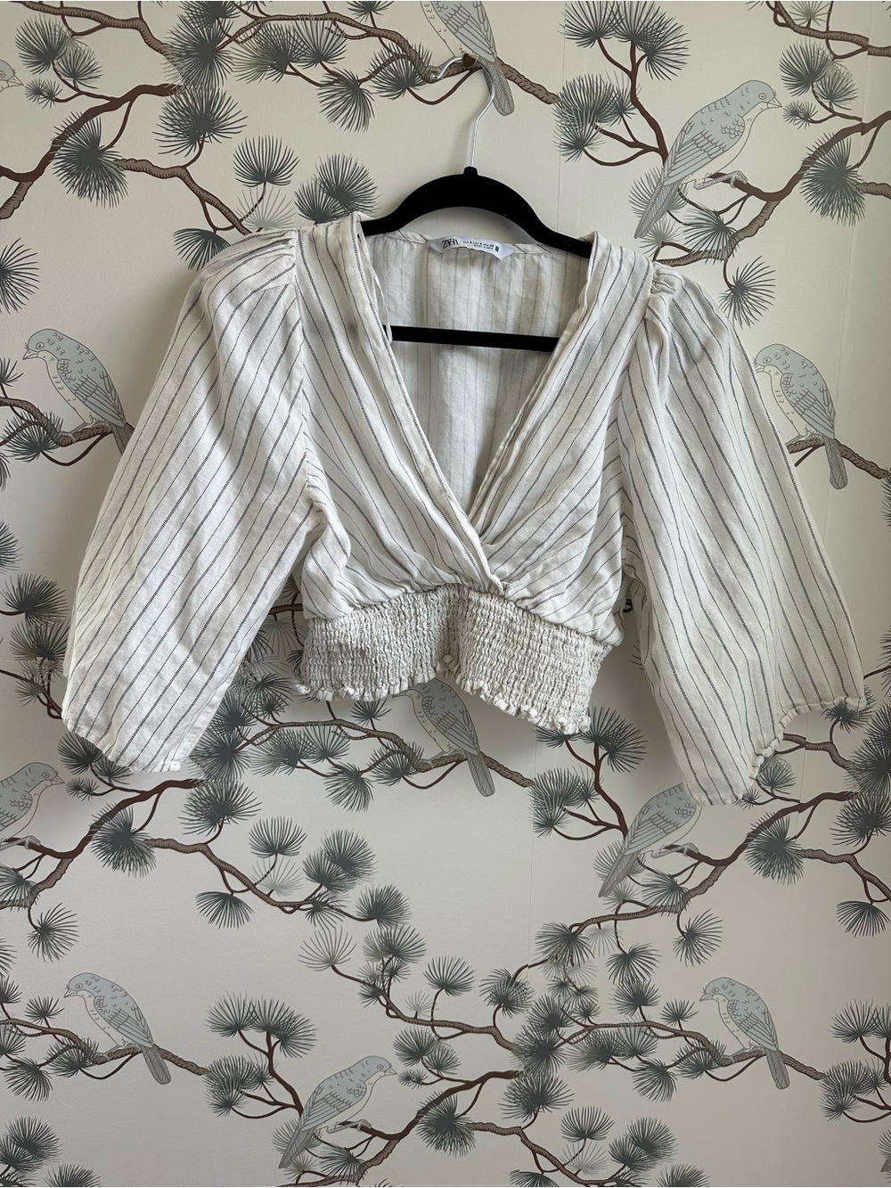 Zara Linen Blend Striped Smocked Crop Blouse Size Small